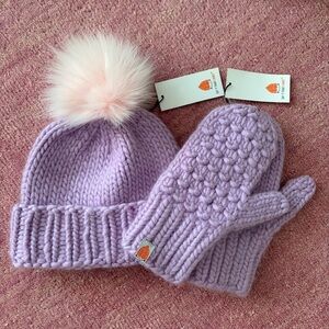 SH*T THAT I KNIT (STIK) Purple Beanie with Fur Pom + Mittens Gloves Merino Wool